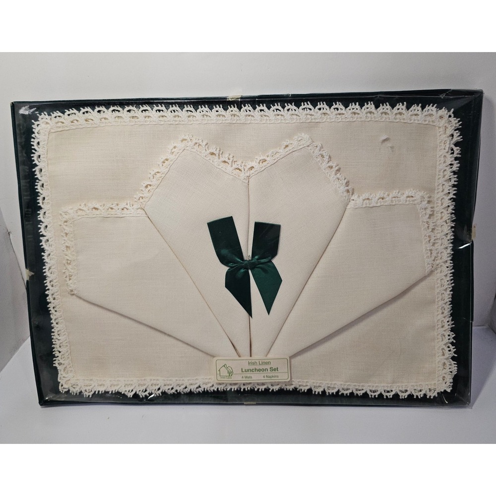 Irish‎ Linen Luncheon Set 4 Mats 4 Napkins Lace Trim Green Bow NOS 15x11in ECRU